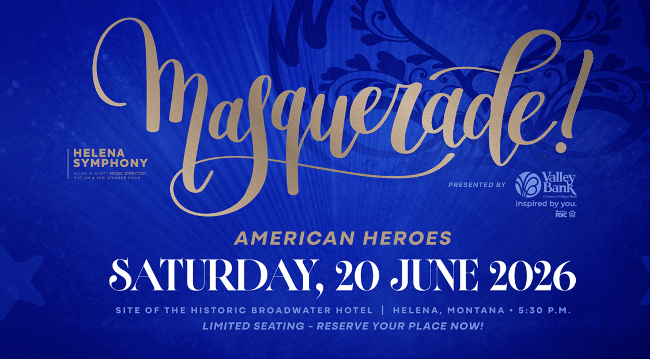 Poster advertising Helena Symphony concert 'American Heroes' on Saturday, June 20, 2026, in Helena, Montana, with a blue and gold decorative design.