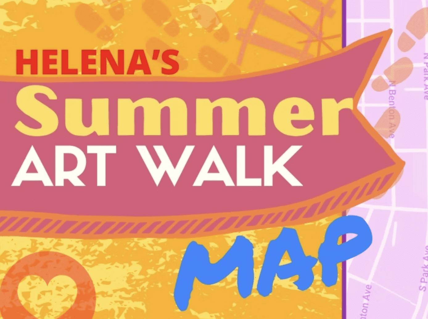Colorful event poster announcing Helena's Summer Art Walk with bold yellow 'Summer' on a pink banner against an orange background.