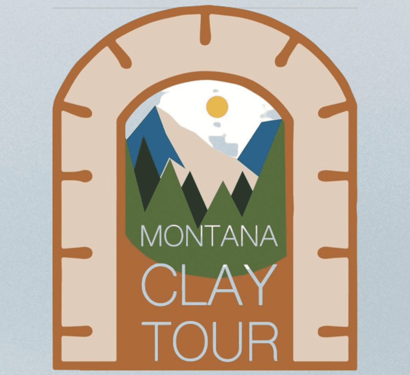 Arch-shaped poster with mountains and sun, text reads 'Montana Clay Tour'.